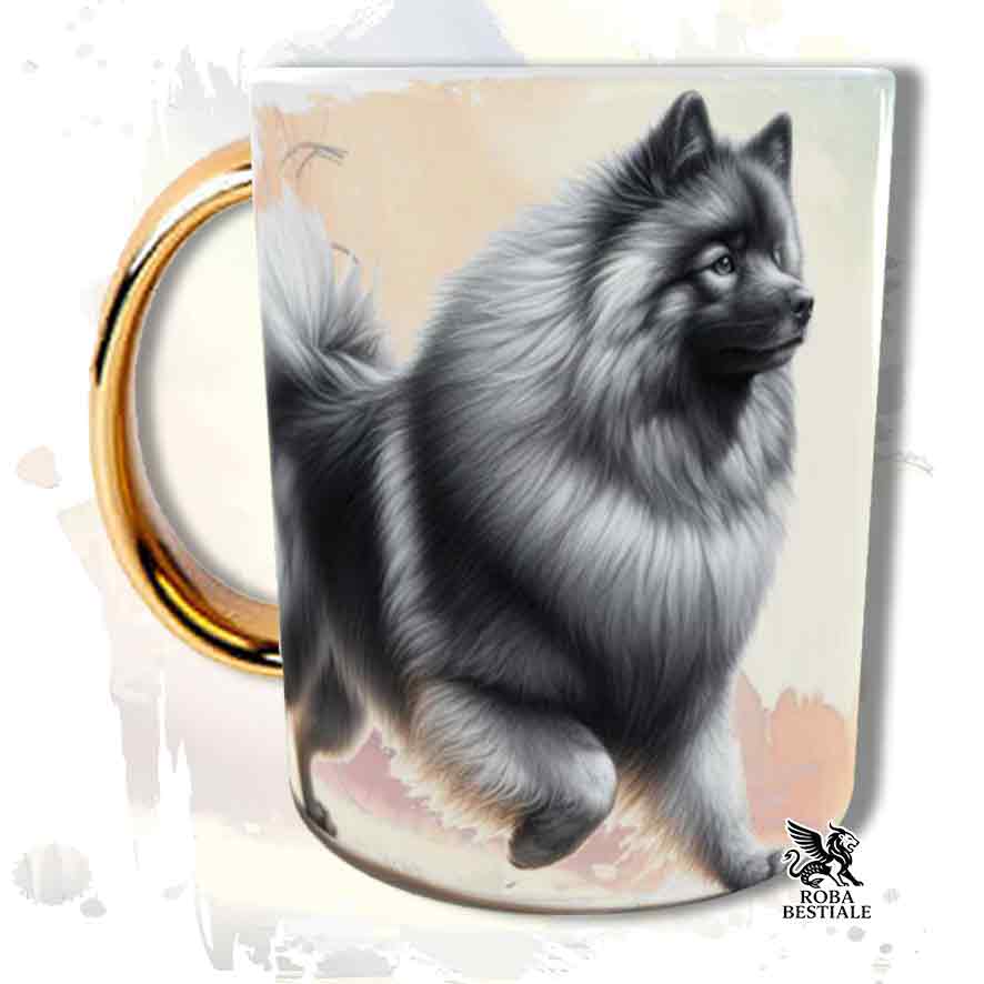 Tazza con Spitz Tedesco Keeshond, stampata con grafica Behavior, manico oro, fronte