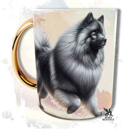 Tazza con Spitz Tedesco Keeshond, stampata con grafica Behavior, manico oro, fronte