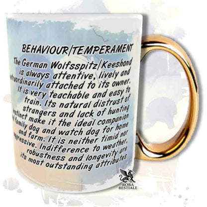 Tazza con Spitz Tedesco Keeshond, stampata con grafica Behavior, manico oro, retro