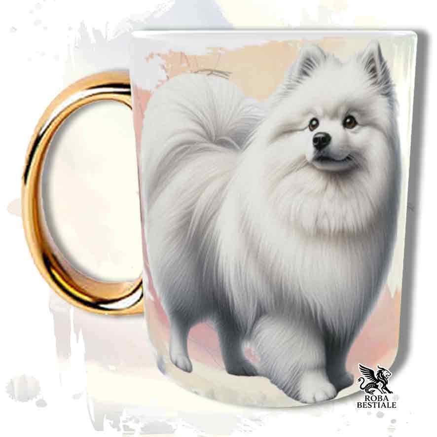 Tazza con Spitz Tedesco Medio Bianco, stampata con grafica Behavior, manico oro, fronte