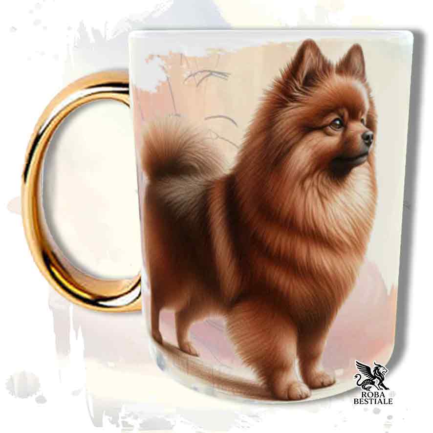 Tazza con Spitz Tedesco Medio Marrone, stampata con grafica Behavior, manico oro, fronte