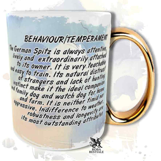 Tazza con Spitz Tedesco Medio Marrone, stampata con grafica Behavior, manico oro, retro