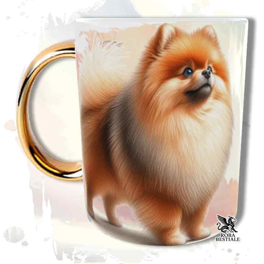 Tazza con Spitz Tedesco Nano Pomerania arancio, stampata con grafica Behavior, manico oro, fronte
