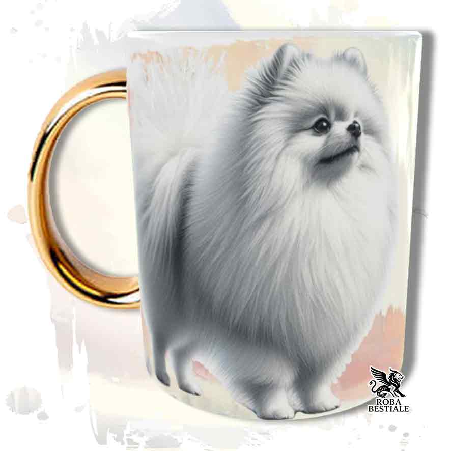Tazza con Spitz Tedesco Nano Pomerania bianco, stampata con grafica Behavior, manico oro, fronte
