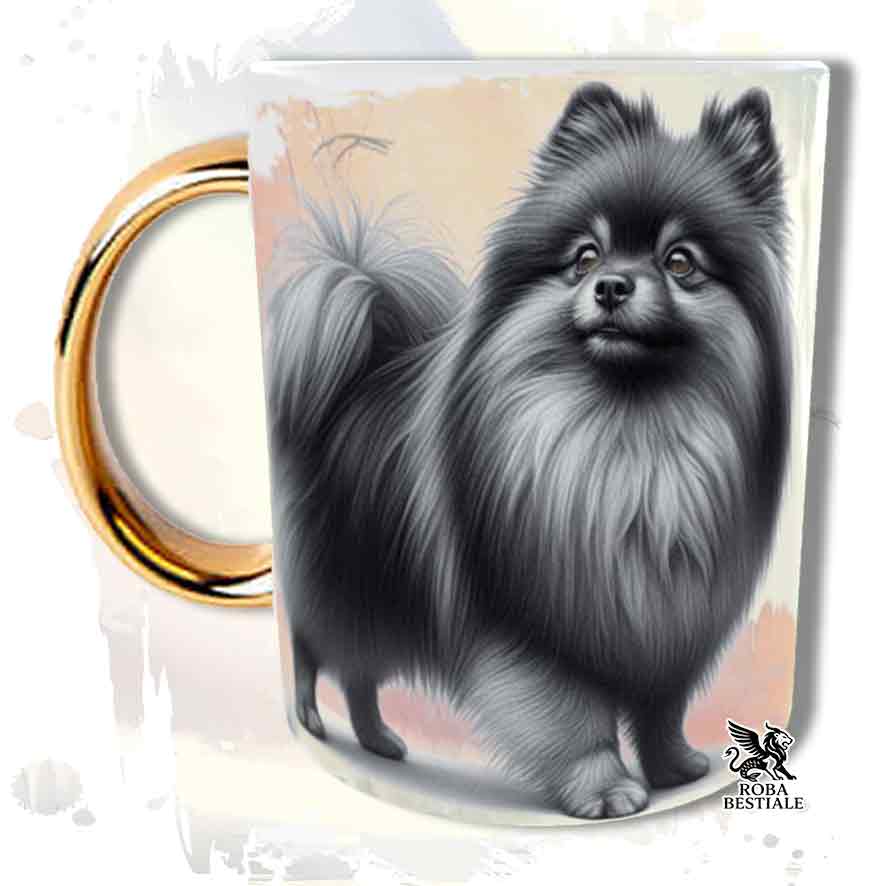 Tazza con Spitz Tedesco Nano Pomerania grigio, stampata con grafica Behavior, manico oro, fronte