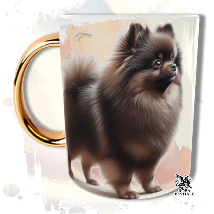 Tazza con Spitz Tedesco Nano Pomerania marrone, stampata con grafica Behavior, manico oro, fronte