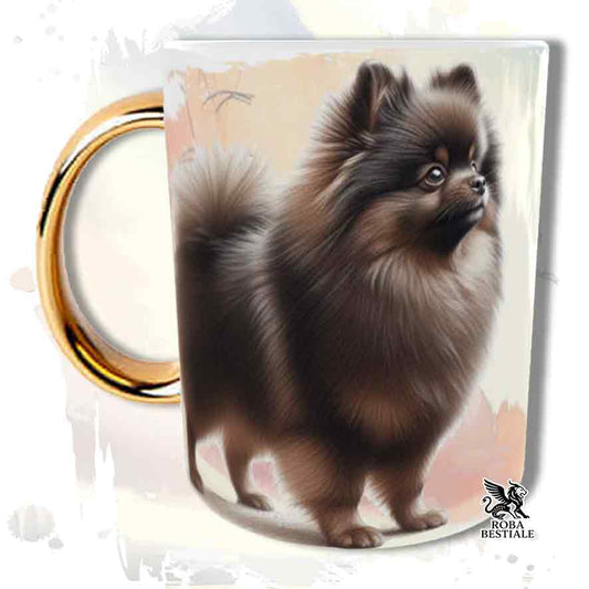 Tazza con Spitz Tedesco Nano Pomerania marrone, stampata con grafica Behavior, manico oro, fronte