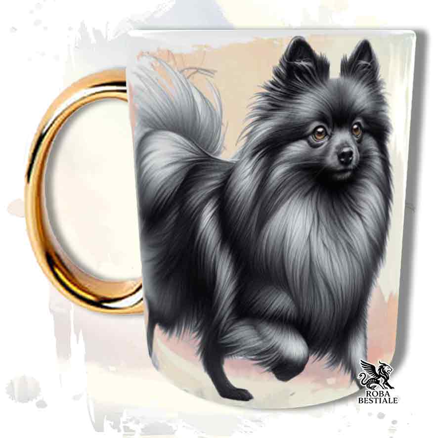 Tazza con Spitz Tedesco Piccolo grigio sfumato, stampata con grafica Behavior, manico oro, fronte