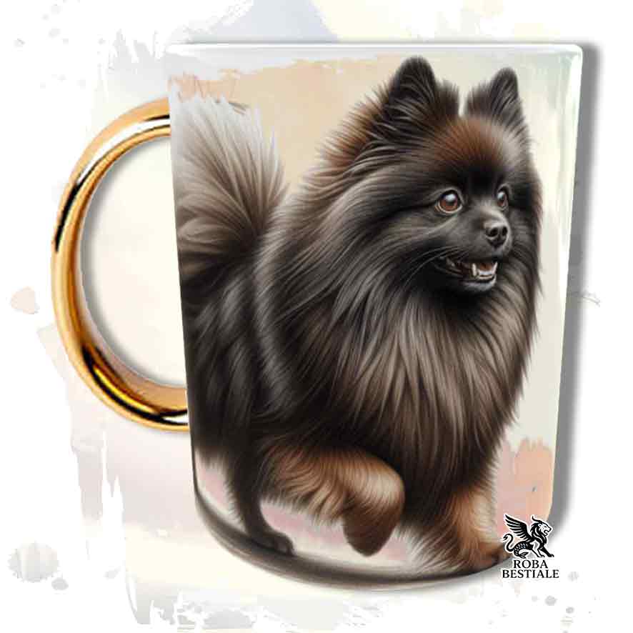 Tazza con Spitz Tedesco Piccolo marrone, stampata con grafica Behavior, manico oro, fronte