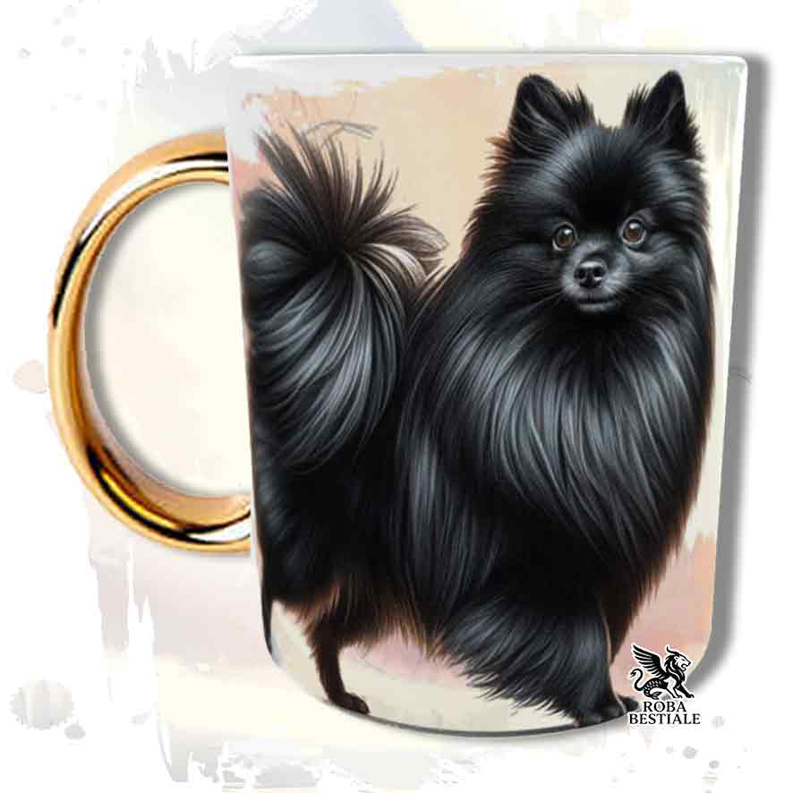 Tazza con Spitz Tedesco Piccolo nero, stampata con grafica Behavior, manico oro, fronte