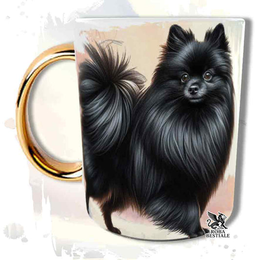Tazza con Spitz Tedesco Piccolo nero, stampata con grafica Behavior, manico oro, fronte