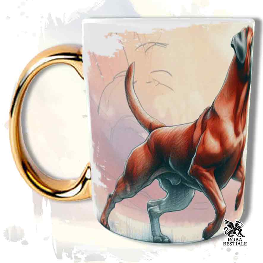Tazza con Tosa Inu rosso stampata, manico oro, fronte