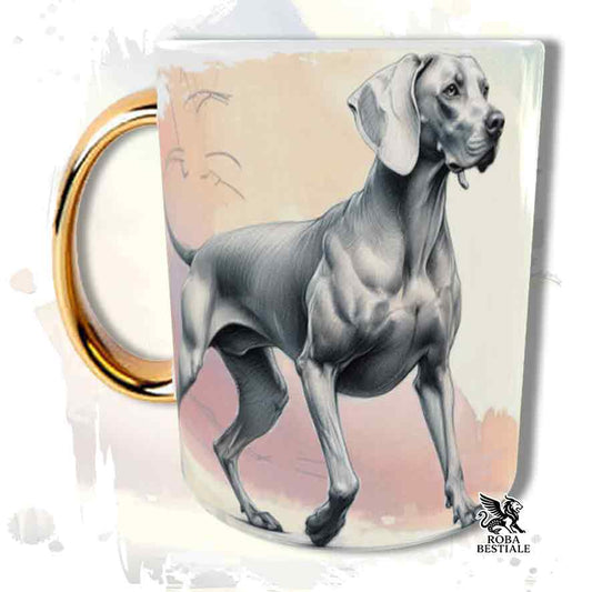 Tazza con Weimaraner grigio argento stampata con grafica behavior, manico oro, fronte
