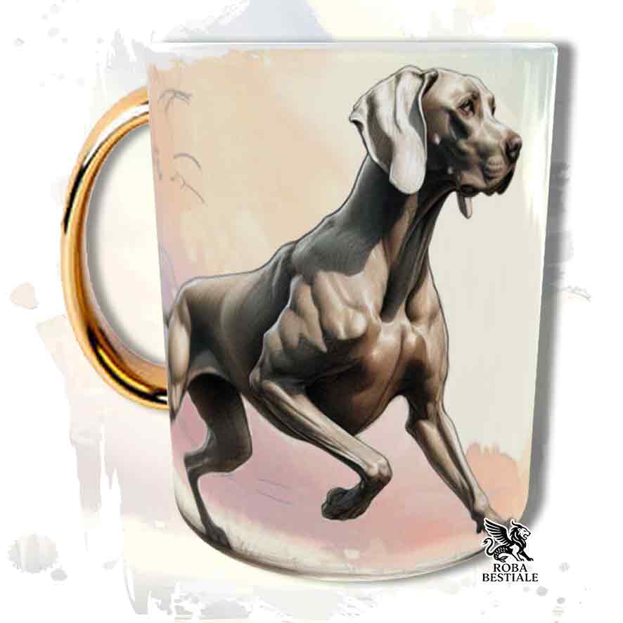 Tazza con Weimaraner Grigio Capriolo stampata, manico oro, fronte