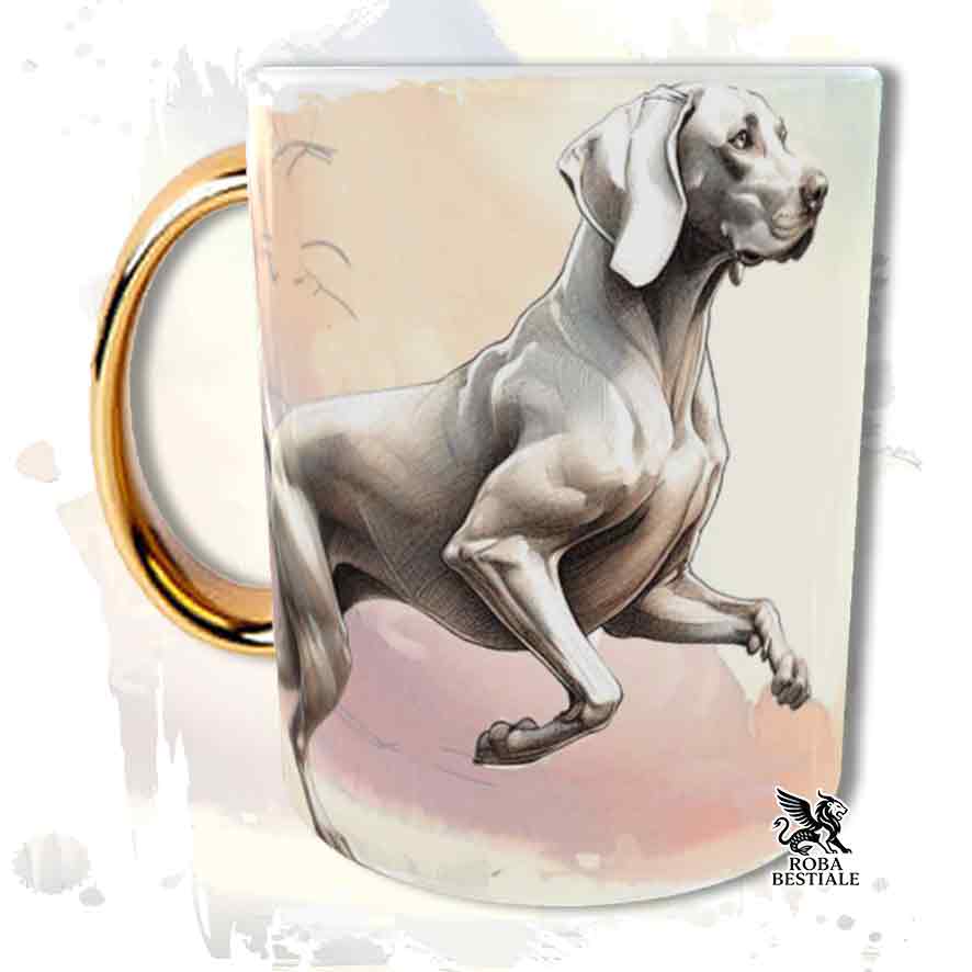 Tazza con Weimaraner grigio topo stampata, manico oro, fronte