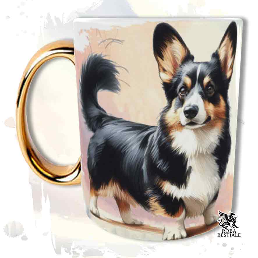 Tazza Welsh Corgi Cardigan nero focato con illustrazione della collezione Behavior