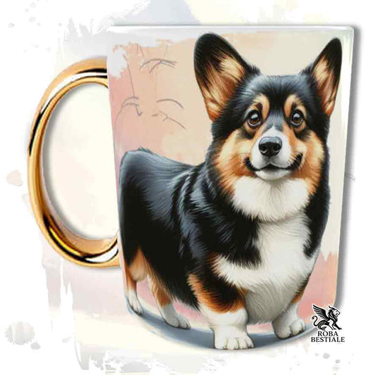 Tazza con Welsh Corgi Pembroke black tricolor, stampata, manico oro, fronte