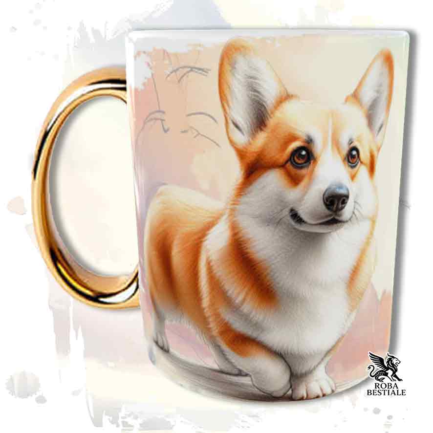 Tazza con Welsh Corgi Pembroke fulvo stampata, manico oro, fronte