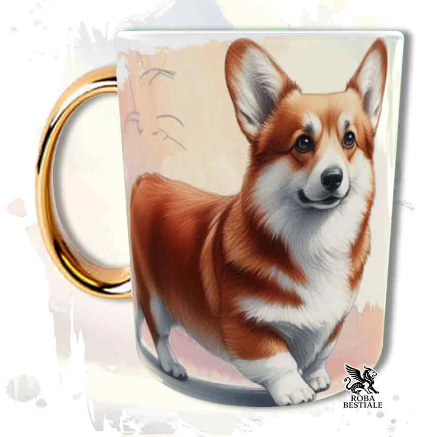 Tazza con Welsh Corgi Pembroke rosso stampata, manico oro, fronte