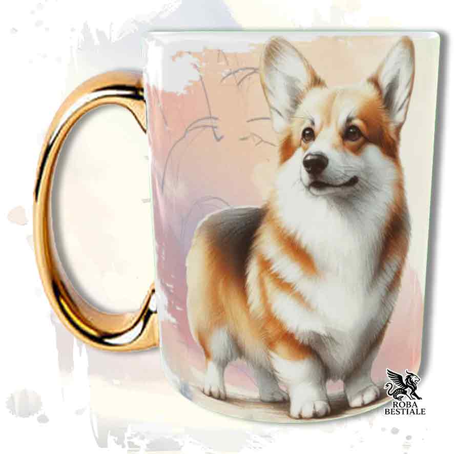 Tazza con Welsh Corgi Pembroke rosso stampata, manico oro