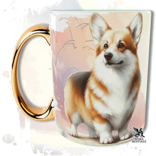 Tazza con Welsh Corgi Pembroke rosso stampata, manico oro