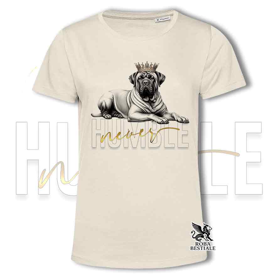 T-shirt beige stampata con un Tosa Inu, grafica Never Humble