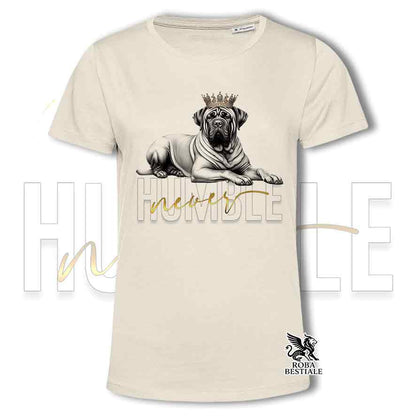 T-shirt beige stampata con un Tosa Inu, grafica Never Humble