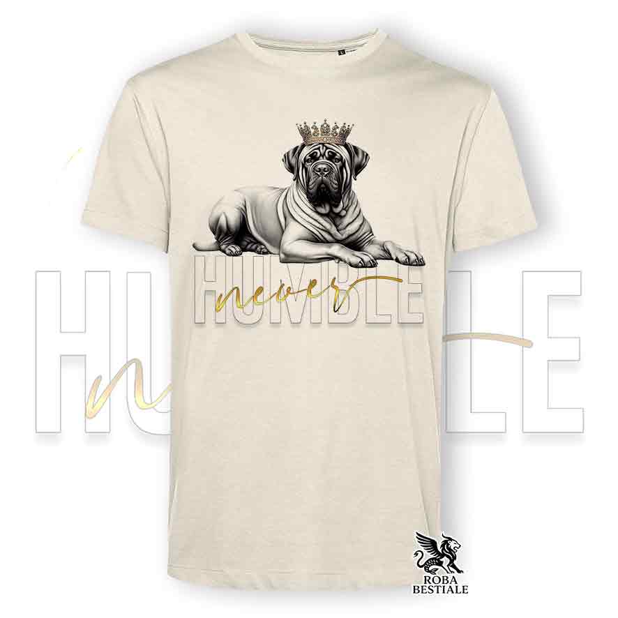 T-shirt beige stampata con un Tosa Inu, grafica Never Humble