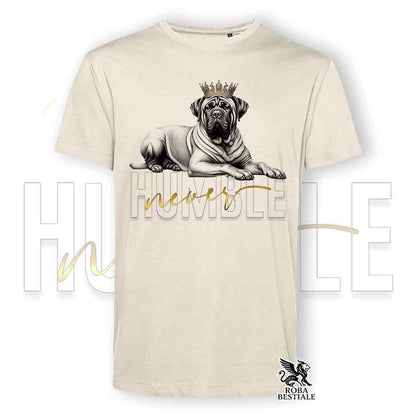 T-shirt beige stampata con un Tosa Inu, grafica Never Humble