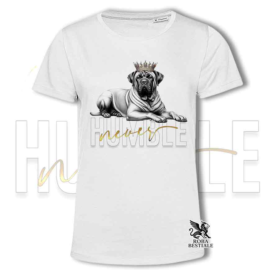 T-shirt bianca stampata con un Tosa Inu, grafica Never Humble