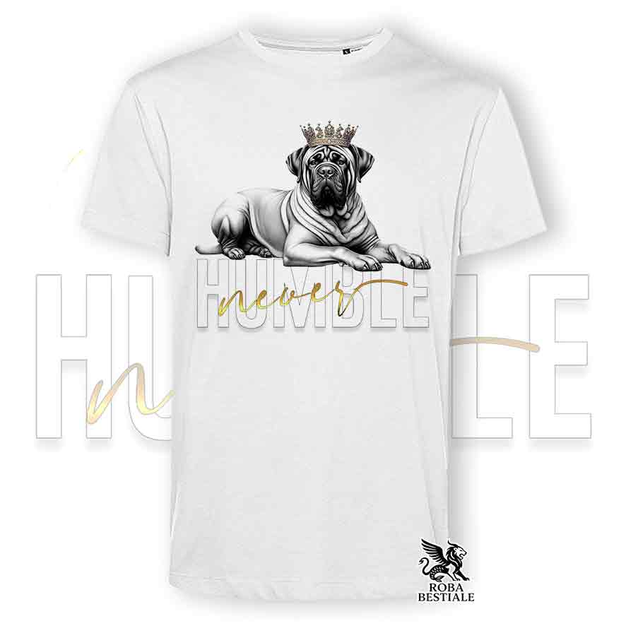 T-shirt bianca stampata con un Tosa Inu, grafica Never Humble