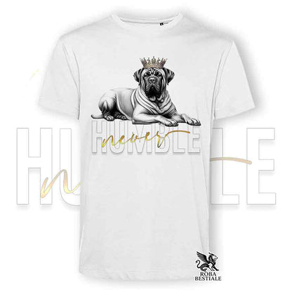 T-shirt bianca stampata con un Tosa Inu, grafica Never Humble