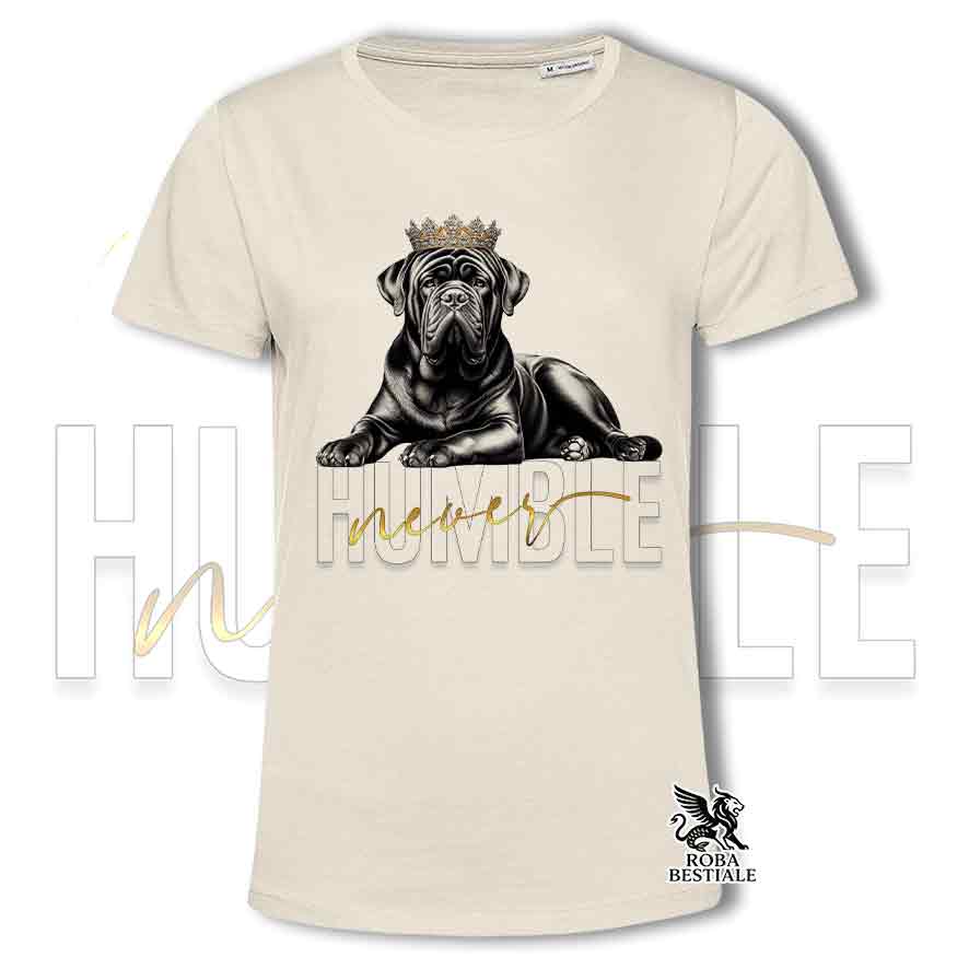 T-shirt beige stampata con un Tosa Inu, grafica Never Humble
