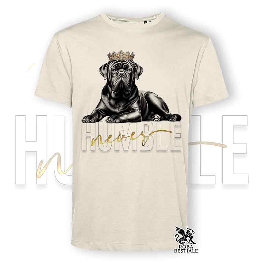 T-shirt beige stampata con un Tosa Inu, grafica Never Humble