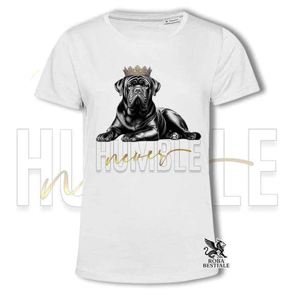 T-shirt bianca stampata con un Tosa Inu, grafica Never Humble