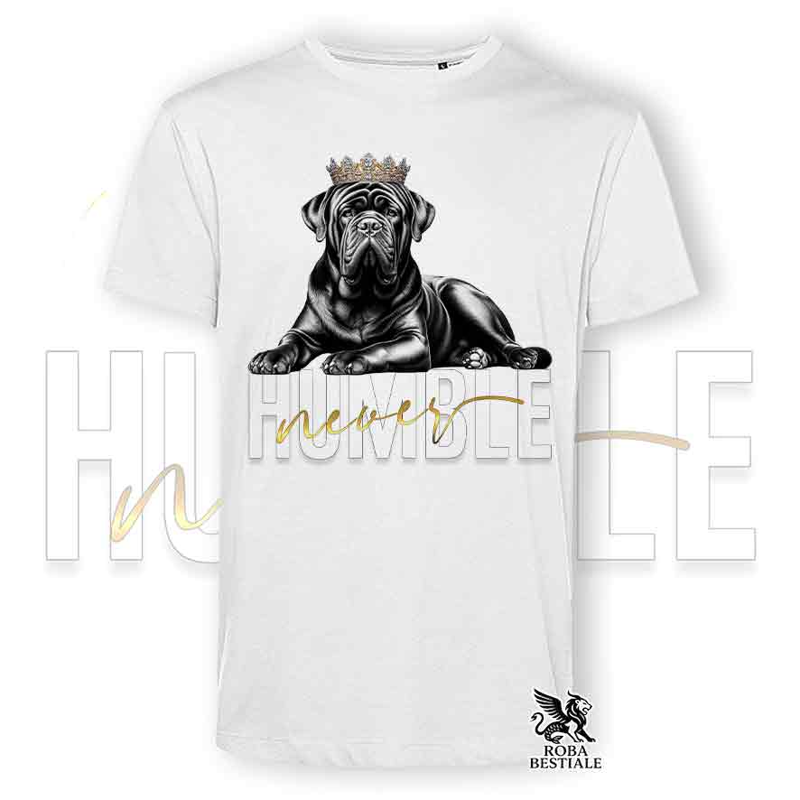 T-shirt bianca stampata con un Tosa Inu, grafica Never Humble