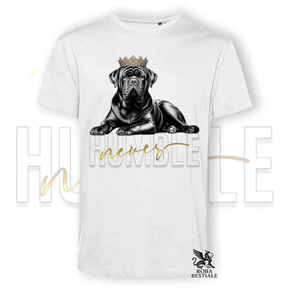 T-shirt bianca stampata con un Tosa Inu, grafica Never Humble