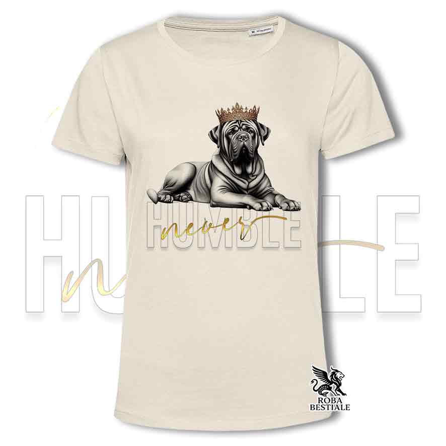 T-shirt beige stampata con un Tosa Inu, grafica Never Humble