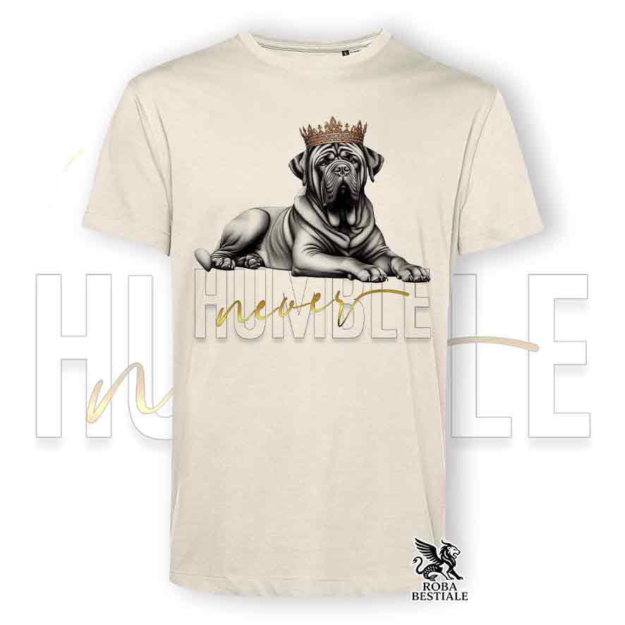 T-shirt beige stampata con un Tosa Inu, grafica Never Humble