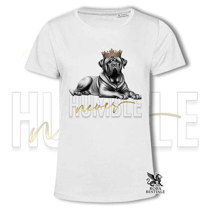 T-shirt bianca stampata con un Tosa Inu, grafica Never Humble