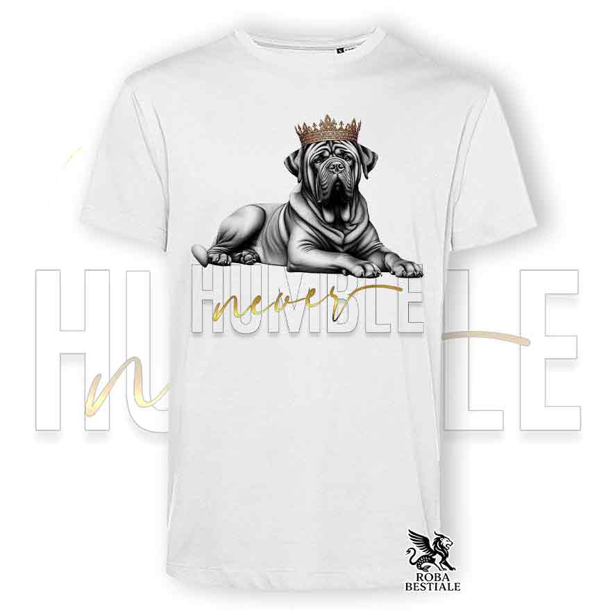 T-shirt bianca stampata con un Tosa Inu, grafica Never Humble