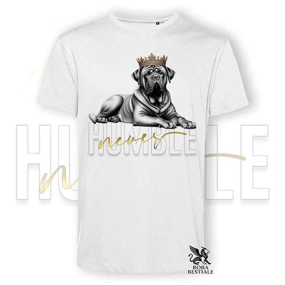 T-shirt bianca stampata con un Tosa Inu, grafica Never Humble