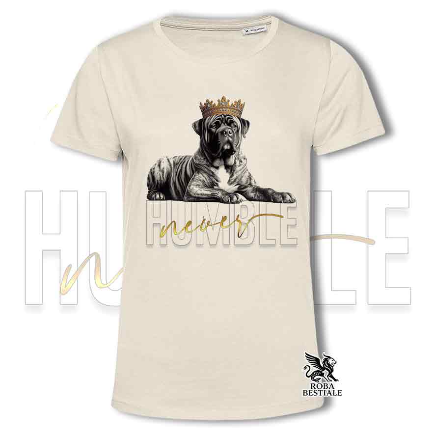 T-shirt beige stampata con un Tosa Inu, grafica Never Humble