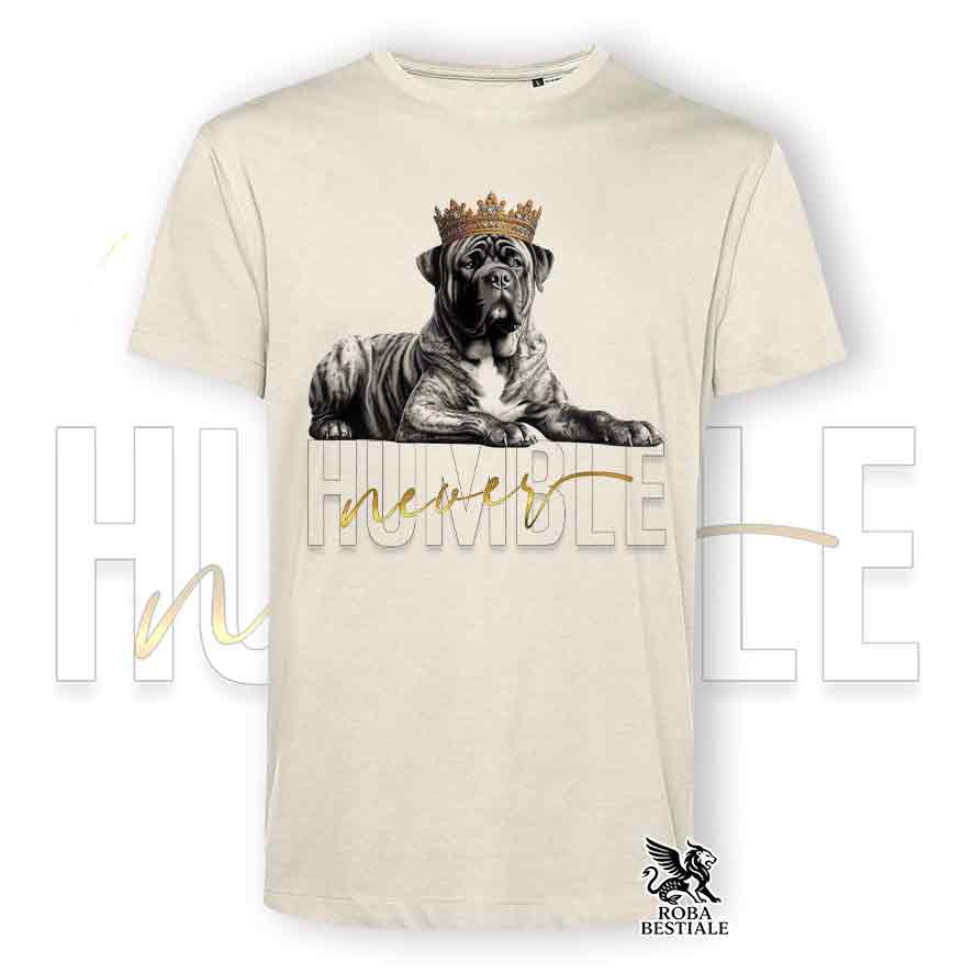T-shirt beige stampata con un Tosa Inu, grafica Never Humble