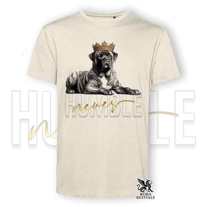 T-shirt beige stampata con un Tosa Inu, grafica Never Humble
