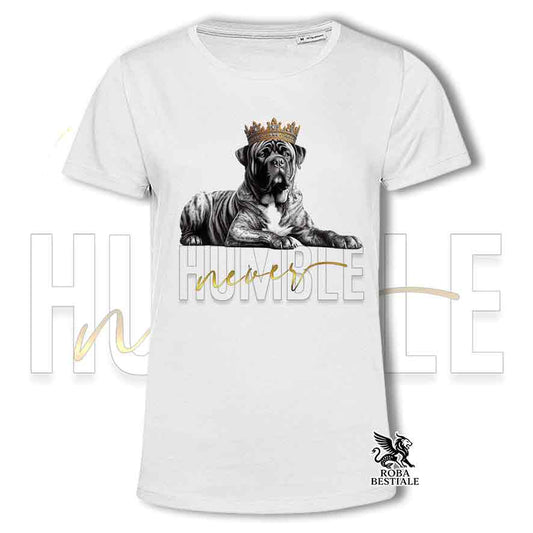 T-shirt bianca stampata con un Tosa Inu, grafica Never Humble