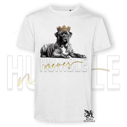 T-shirt bianca stampata con un Tosa Inu, grafica Never Humble