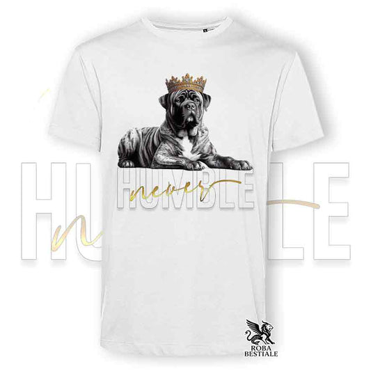T-shirt bianca stampata con un Tosa Inu, grafica Never Humble