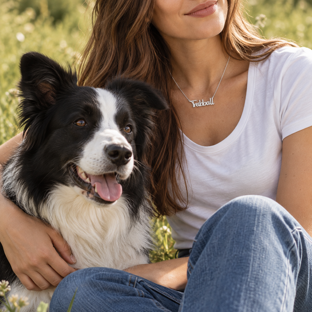 Collana Treibball Kira Pet Jewelry indossata da una ragazza con un Border Collie in un prato.