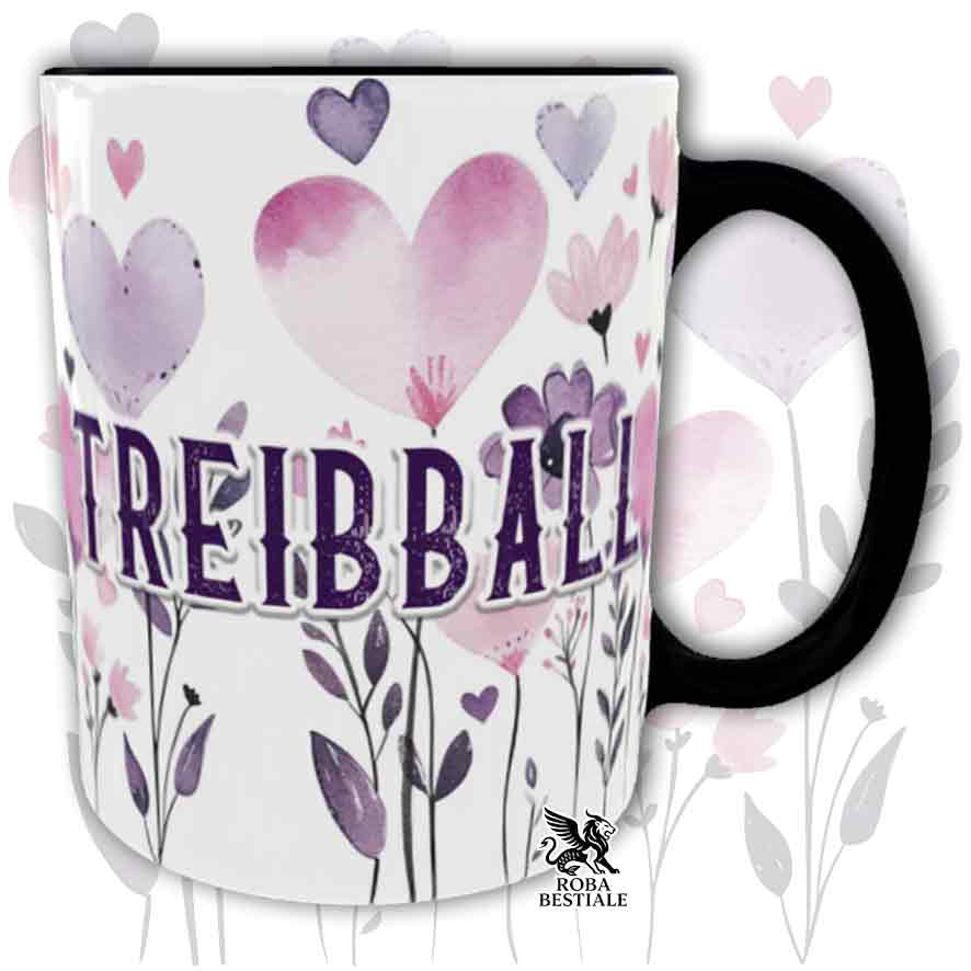 Tazza con dettagli neri stampata con una grafica dedicata al Treibball, collezione Candy